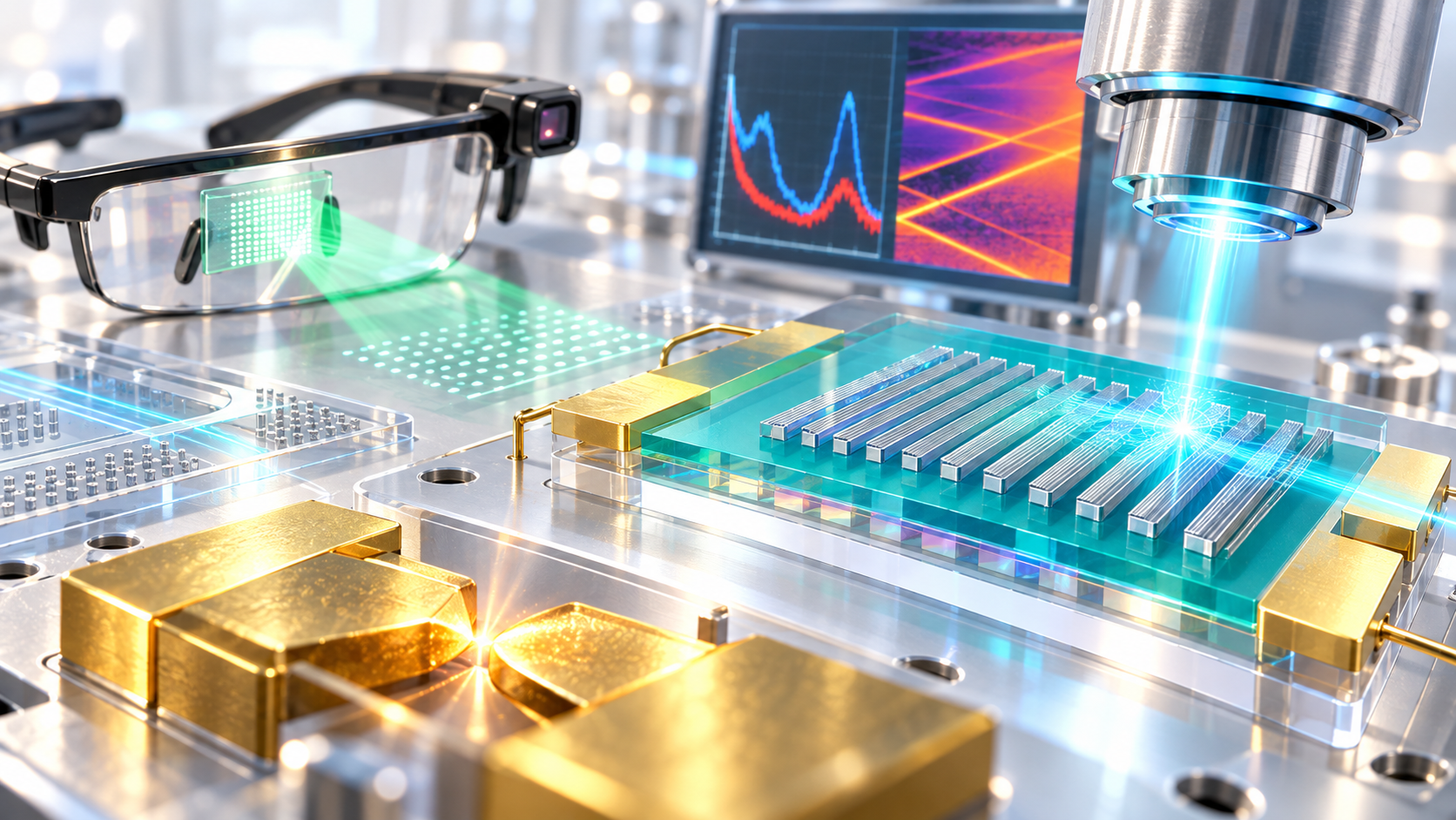 Nanophotonics research illustration combining metasurface glasses, an optical chip, a gold nanogap, and spectral characterization