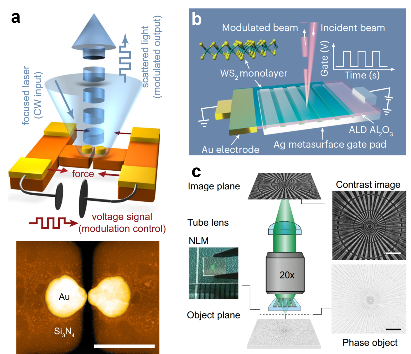 Sustainable active light modulation with atomically thin nanophotonic devices and computation imaging.
a, Nanoelectromechanical system (NEMS) plasmonic dimer light modulator with sub-nanometer gap.
b, Solid-state free-space light modulator with two-dimensional semiconductor.
c, Metasurface for computational imaging.